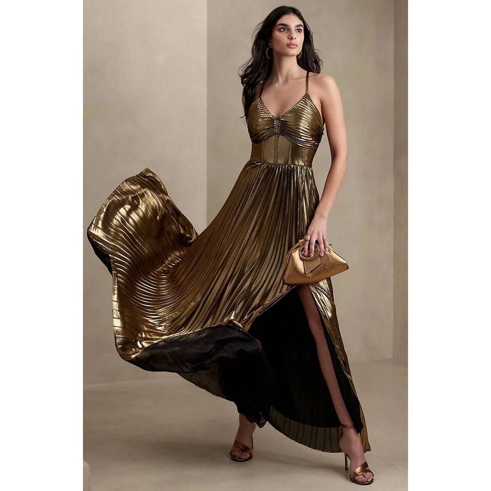 Banana Republic Raggiera Gilded Metallic Pleated Maxi Dress Gold 14 70s Glam
